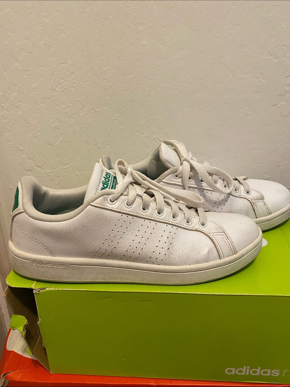 adidas White Sneakers with Green Heel and Tongue Logos